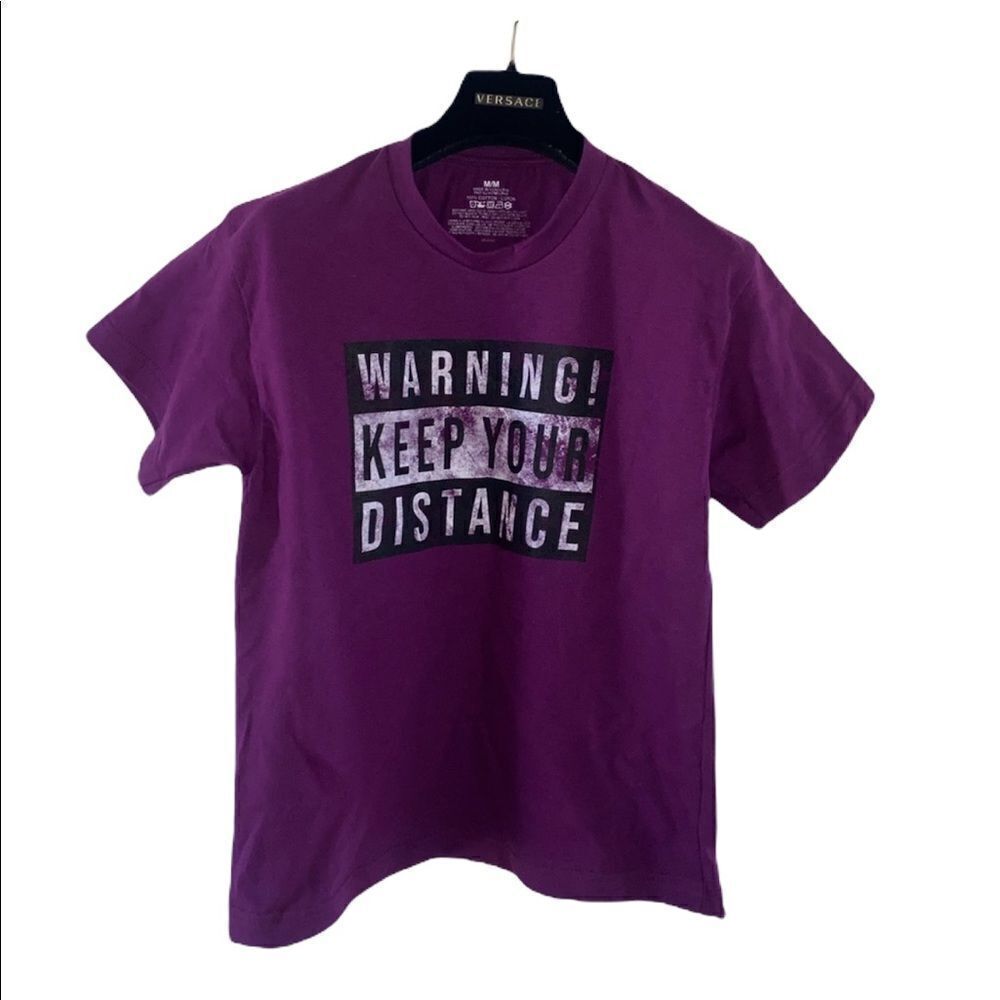 Warning Keep Your Distance Purple Short Sleeve Shirt Size Medium NWOT